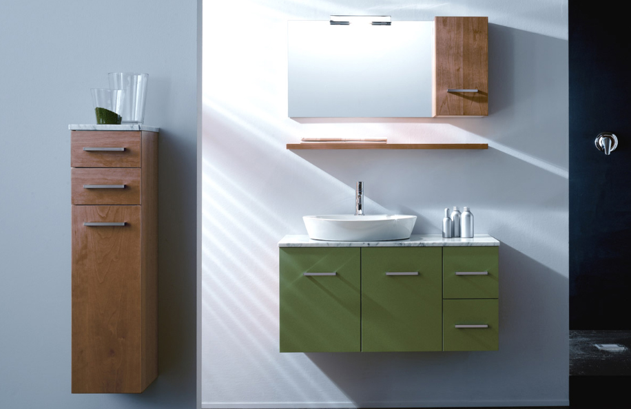 Eidos 227 Ciliegio e Verde Reseda Top marmo e Lavabo soprappiano Versus serie Design Mobili Bagno Progetto Idea Stella