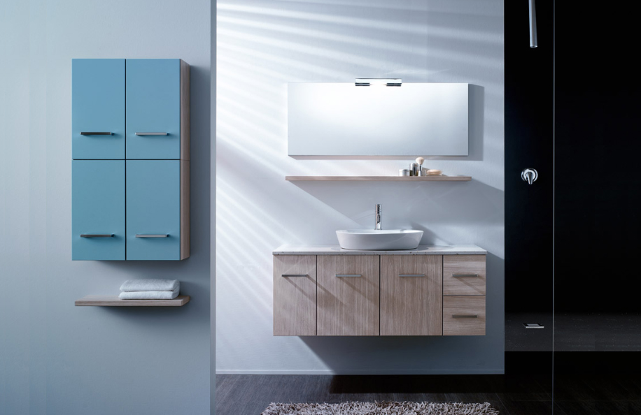 Eidos 246 Rovere e Blu Bermuda Top quarzo e Lavabo soprappiano Versus serie Design Mobili Bagno Progetto Idea Stella