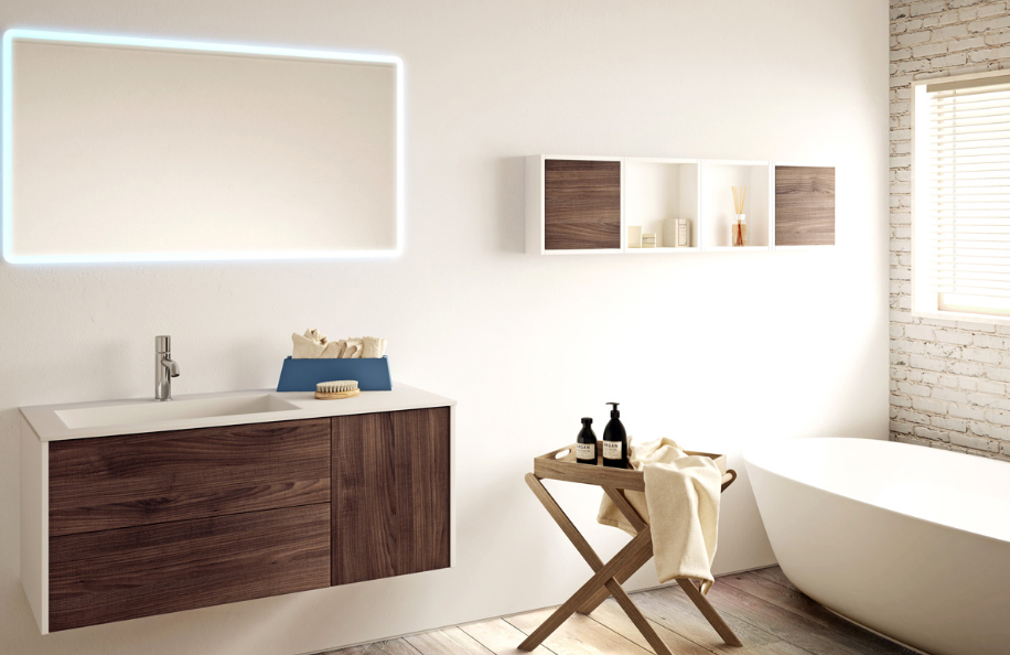 Touch 112.5 Nero lucido e Noce Tranché Top Corian serie Design Mobili Bagno Progetto Idea Stella