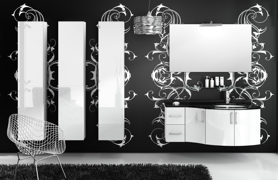 Unika Concept 150 Bianco Lucido Top Vetro Nero Lavabo sottopiano ceramica serie Design Mobili Bagno Progetto Idea Stella