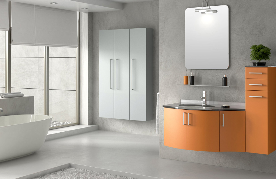 Unika Concept 162 Arancio e Colonne Grigio Alluminio Top Vetro Argento Lavabo sottopiano ceramica serie Design Mobili Bagno Progetto Idea Stella