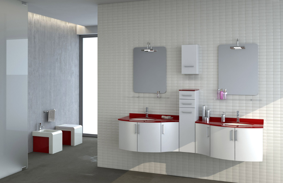 Unika Concept 171 Bianco Lucido Top Vetro Rosso Lavabo sottopiano ceramica serie Design Mobili Bagno Progetto Idea Stella