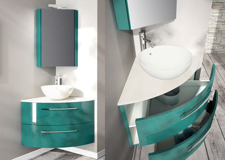 FLEX02, mobile da bagno curvo con lavabo e specchio contenitore con  applique di Legnobagno