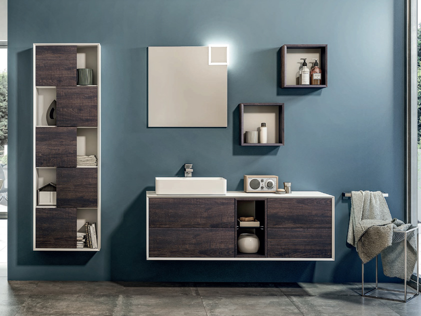 625 serie 45° colore: sherwood moro, bianco opaco top legno con lavabo d'appoggio in mineralmarmo opaco Mobili Bagno Mobilduenne