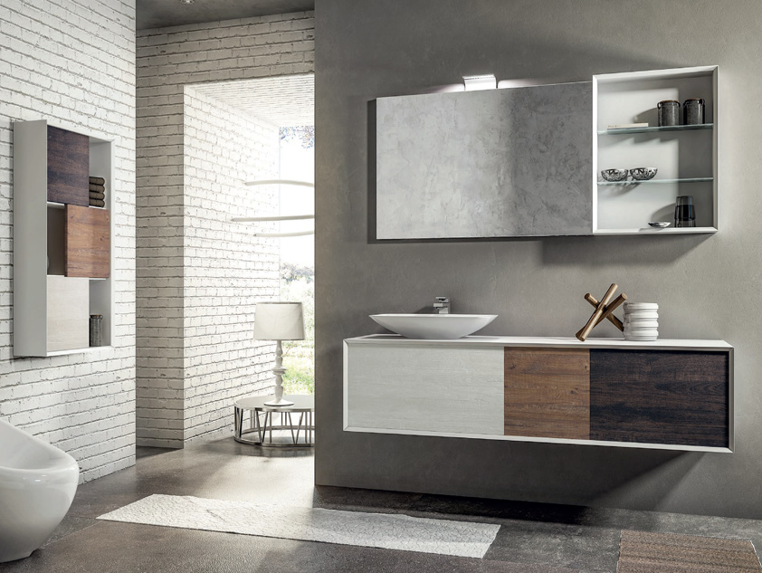 626 serie 45° colore: collezione sherwood, bianco opaco top legno con lavabo d'appoggio in mineralmarmo opaco Mobili Bagno Mobilduenne