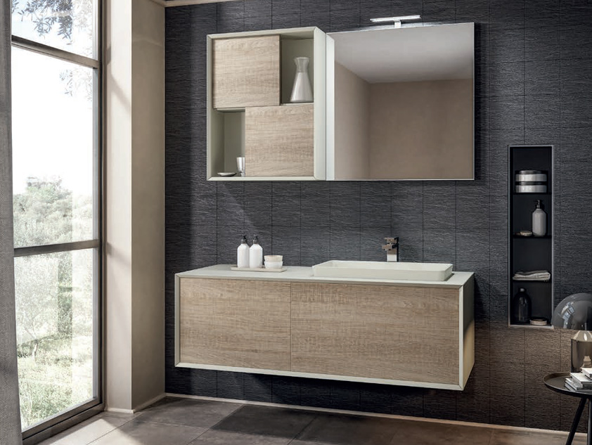 627 serie 45° colore: matrix sabbia, ral 1013 opaco top legno con lavabo d'appoggio
semincasso in mineralmarmo ral 1013 opaco Mobili Bagno Mobilduenne