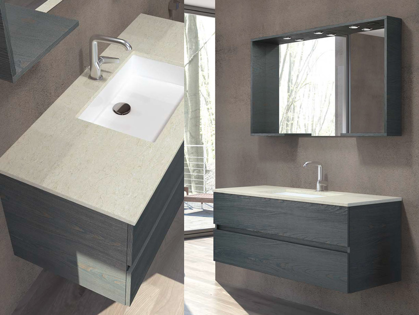 476 serie Mobili con apertura a gola colore: fiamma oro-nero
top travertino con lavabo sottopiano ceramica Mobili Bagno Mobilduenne