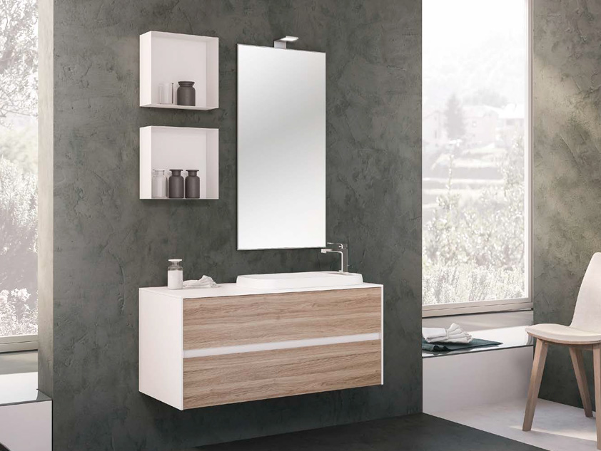 531 serie Mobili con apertura a gola colore: bianco opaco, olmo rosso top legno con lavabo appoggio semincasso mineralmarmo opaco Mobili Bagno Mobilduenne