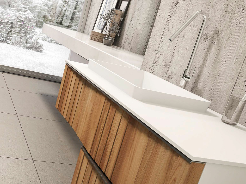 548 serie Barcode Architectural colore: bianco opaco, massello rovere top legno con lavabo
appoggio semincasso mineralmarmo opaco Mobili Bagno Mobilduenne