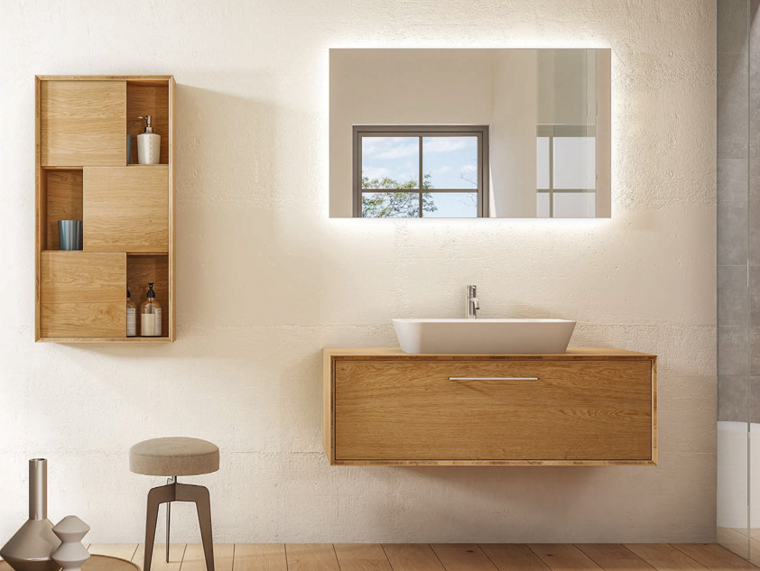 656 serie Massello colore: massello rovere naturale cornice massello rovere naturale con lavabo d'appoggio mineralmarmo opaco Mobili Bagno Mobilduenne