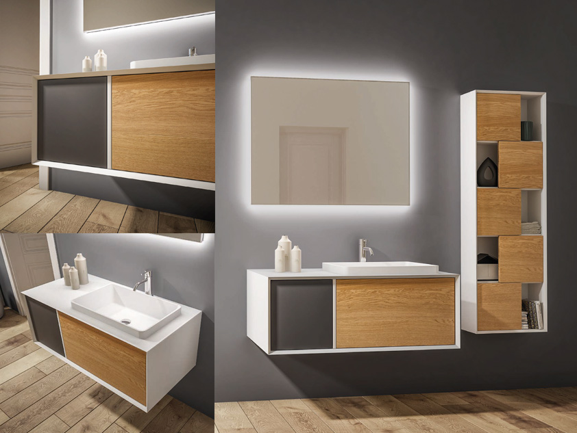 657 serie Massello colore: bianco opaco, massello rovere naturale, ral 7016 opaco cornice laccata con lavabo d'appoggio semincasso mineralmarmo opaco Mobili Bagno Mobilduenne