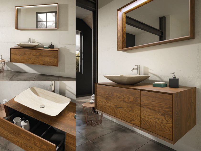 659 serie Massello colore: massello rovere evaporato cornice massello rovere evaporato con lavabo d'appoggio
pietra travertino naturale Mobili Bagno Mobilduenne