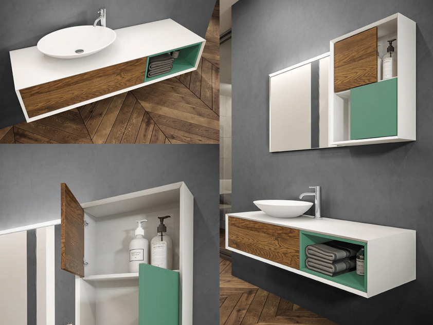 662 serie Massello colore: bianco opaco, verde marina opaco, rovere evaporato cornice laccata con lavabo d'appoggio mineralmarmo opaco Mobili Bagno Mobilduenne