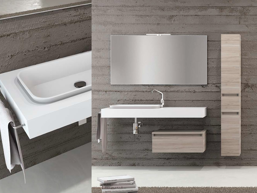 509 serie Mensoloni colore: olmo bianco, bianco opaco top scatolato con lavabo appoggio semincasso mineralmarmo opaco Mobili Bagno Mobilduenne