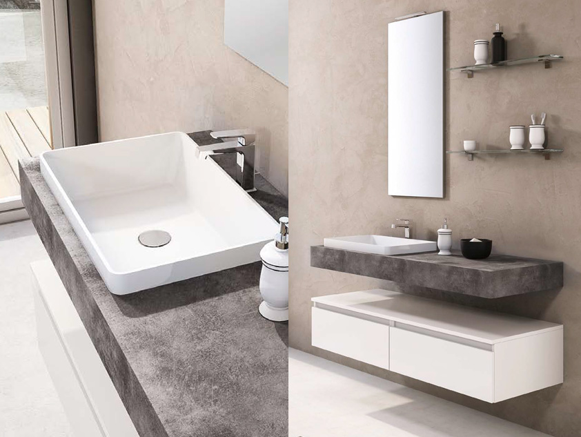 528 serie Mensoloni colore: bianco opaco, laminato cemento top scatolato con lavabo appoggio semincasso mineralmarmo opaco Mobili Bagno Mobilduenne