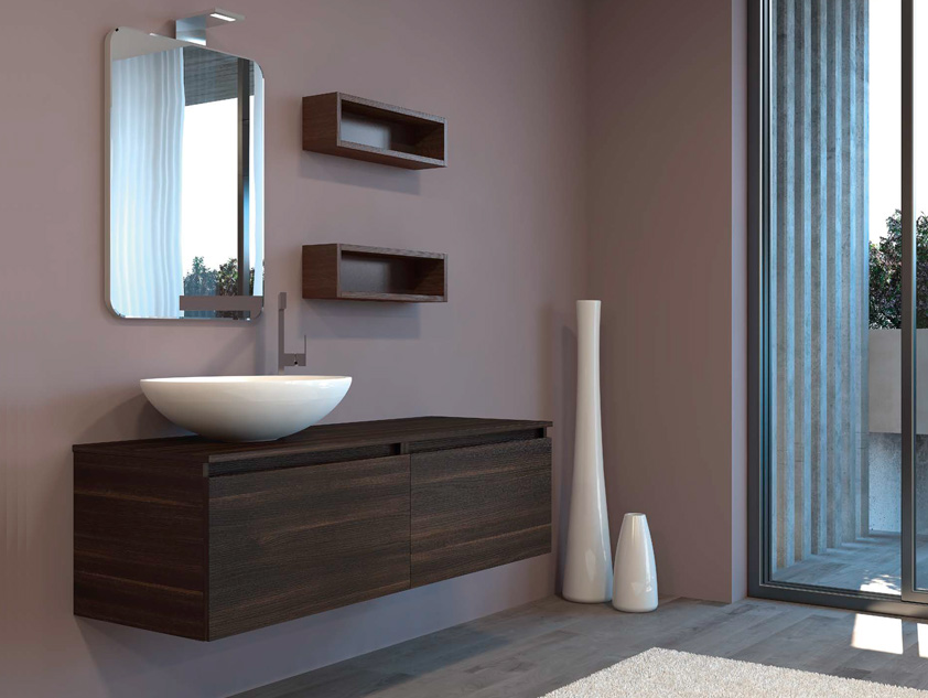 396 serie Mobili per lavabi d'appoggio colore: larice scuro top legno con lavabo appoggio mineralmarmo lucido Mobili Bagno Mobilduenne