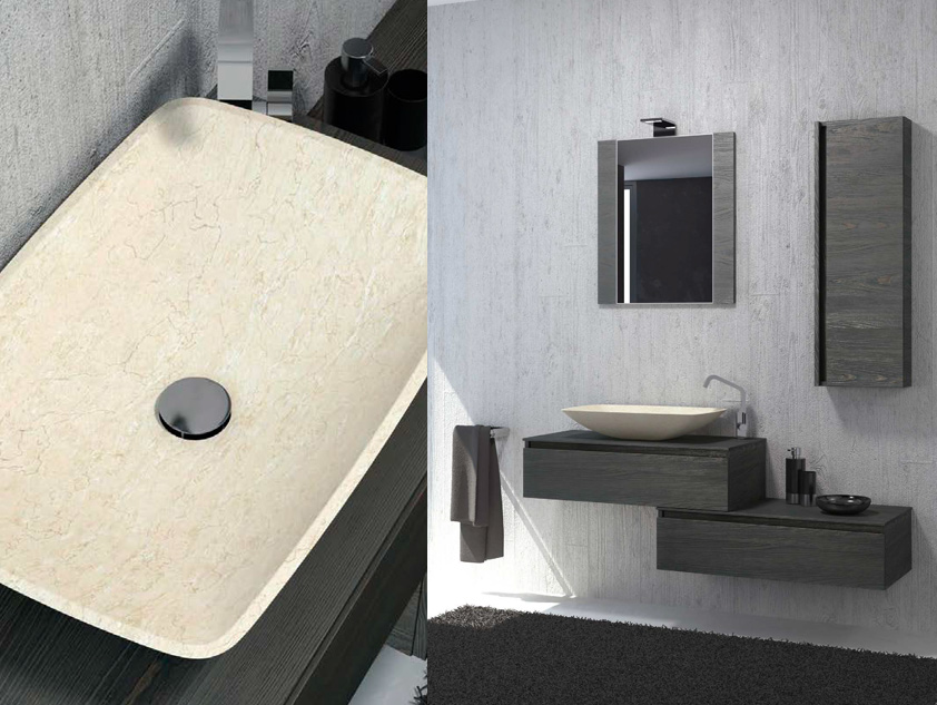 425 serie Mobili per lavabi d'appoggio colore: fiamma oro-nero top legno con lavabo appoggio pietra Galizia Mobili Bagno Mobilduenne