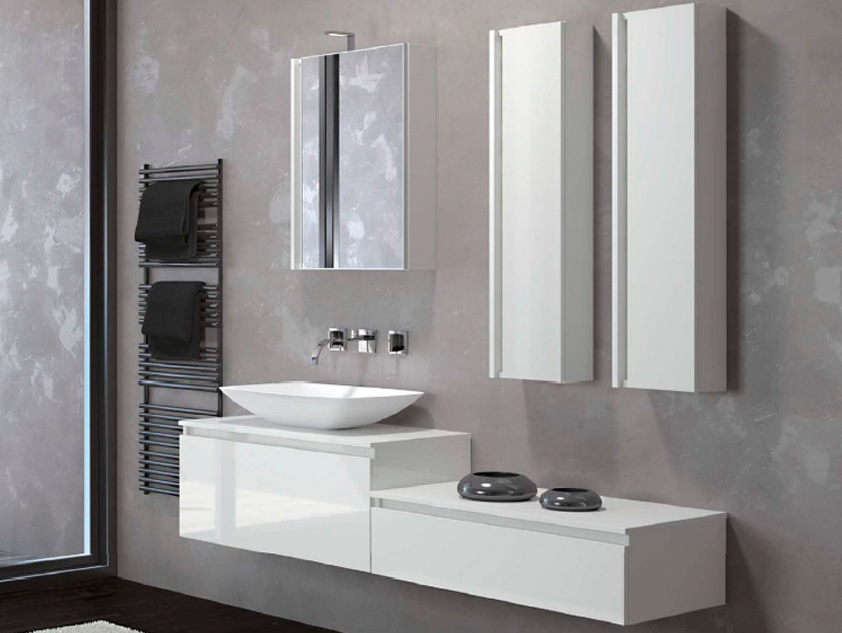 436 serie Mobili per lavabi d'appoggio colore: bianco lucido top legno con lavabo appoggio mineralmarmo lucido Mobili Bagno Mobilduenne