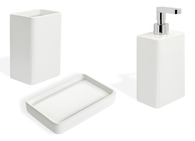 LIVING Serie in ceramica bianca: porta sapone, bicchiere e dosatore sapone liquido con pompetta in metallo finitura: Cromo Oggettistica Accessori Moderni Arredo Bagno Stilhaus