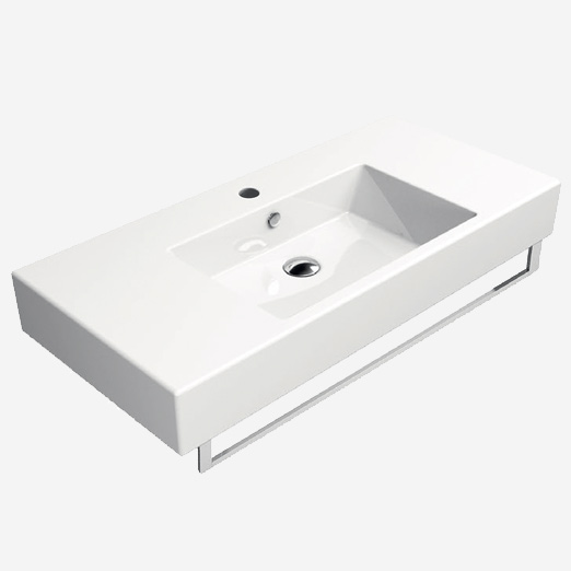 Kube 100x47 colore Bianco Lucido Lavabo con foro troppopieno monoforo predisposto per rubinetteria triforo. Installazione a sospensione e appoggio. Serie Kube Lavabi Gsi