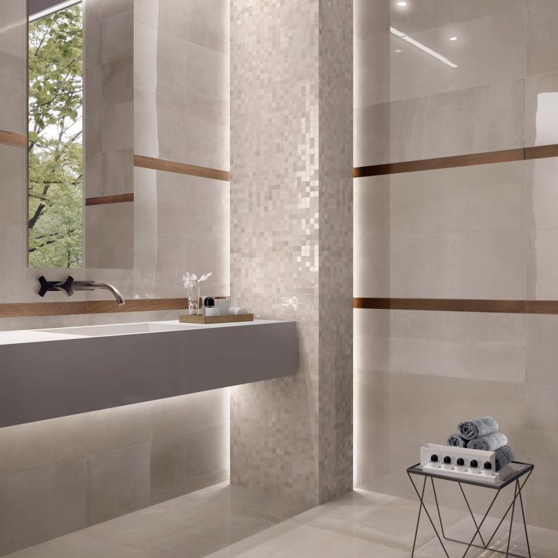 Wall: Bone Lux+ 30x120 Listello Rame 5x60 Mosaico 30x30 Floor: Bone Satin+ 60x60 Concrea Contemporaneo Ariana Piastrelle & Mosaici