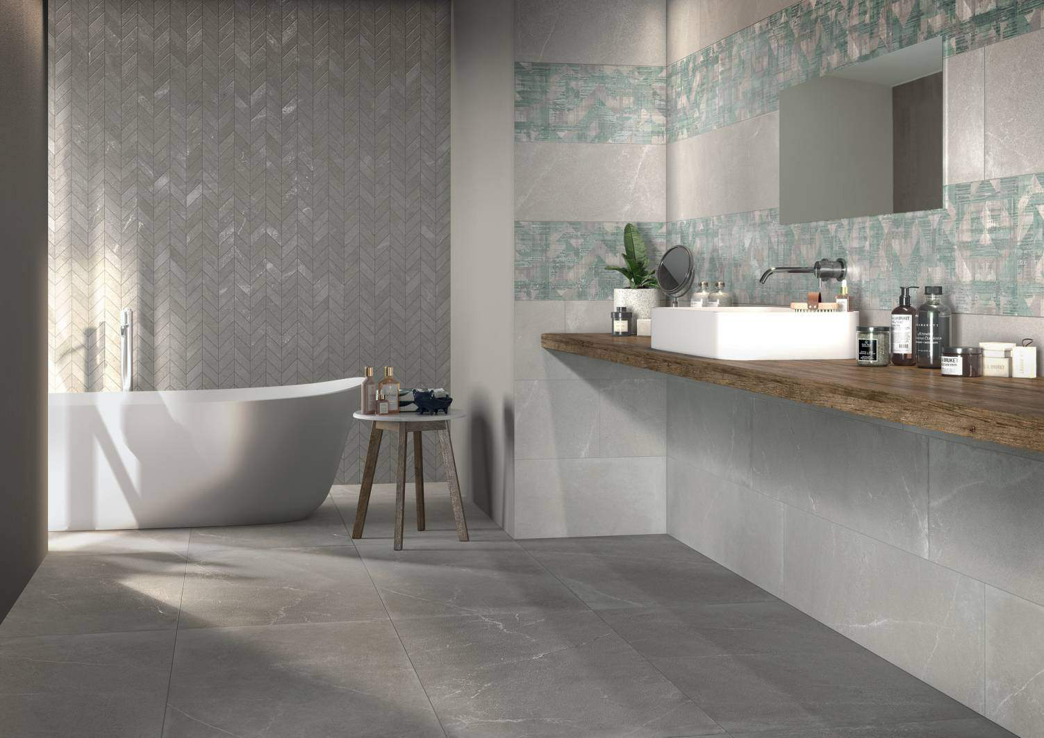 Wall: Quartz 30x60 / Mosaico Chevron Quartz 30x36,5 / Inserto Play Grey 30x60 Floor: Grey 60x60 Serie Advance Gres Porcellanato Armonie Piastrelle & Mosaici