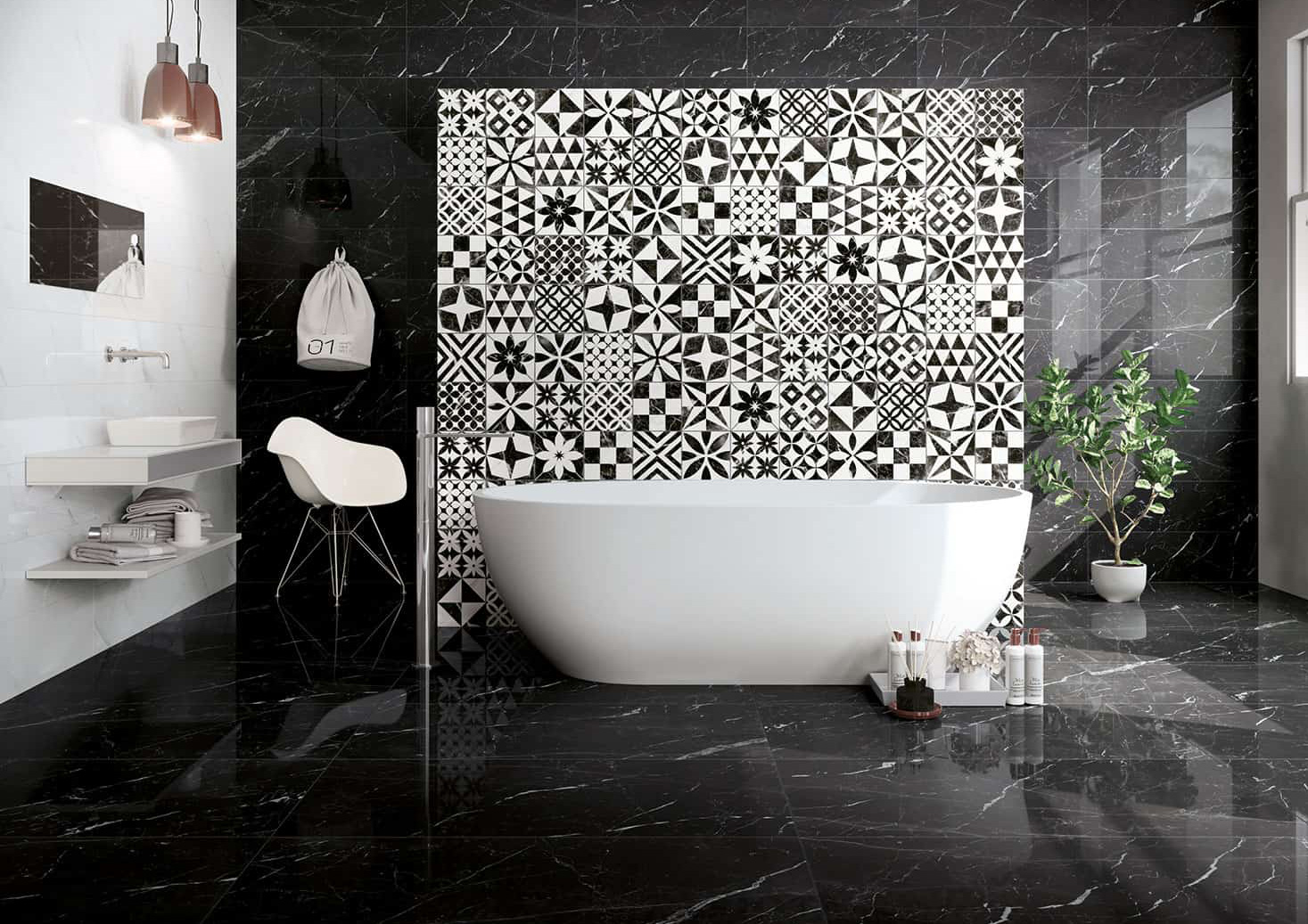 Wall: Calacatta 60x120 / Mix Nero 20x20 Floor: Saint Laurent 60x120 Serie Bernini Gres Porcellanato Armonie Piastrelle & Mosaici