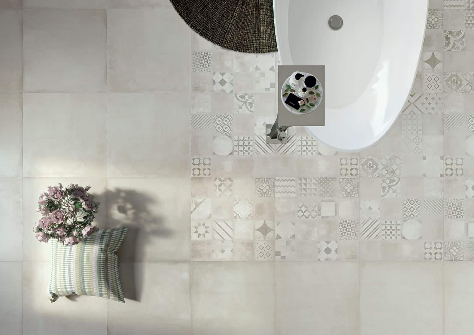 Wall: Silver 37,5x75 / Inserto Actual Silver 37,5x75 Floor: Silver 75x75 Serie Level Gres Porcellanato Armonie Piastrelle & Mosaici