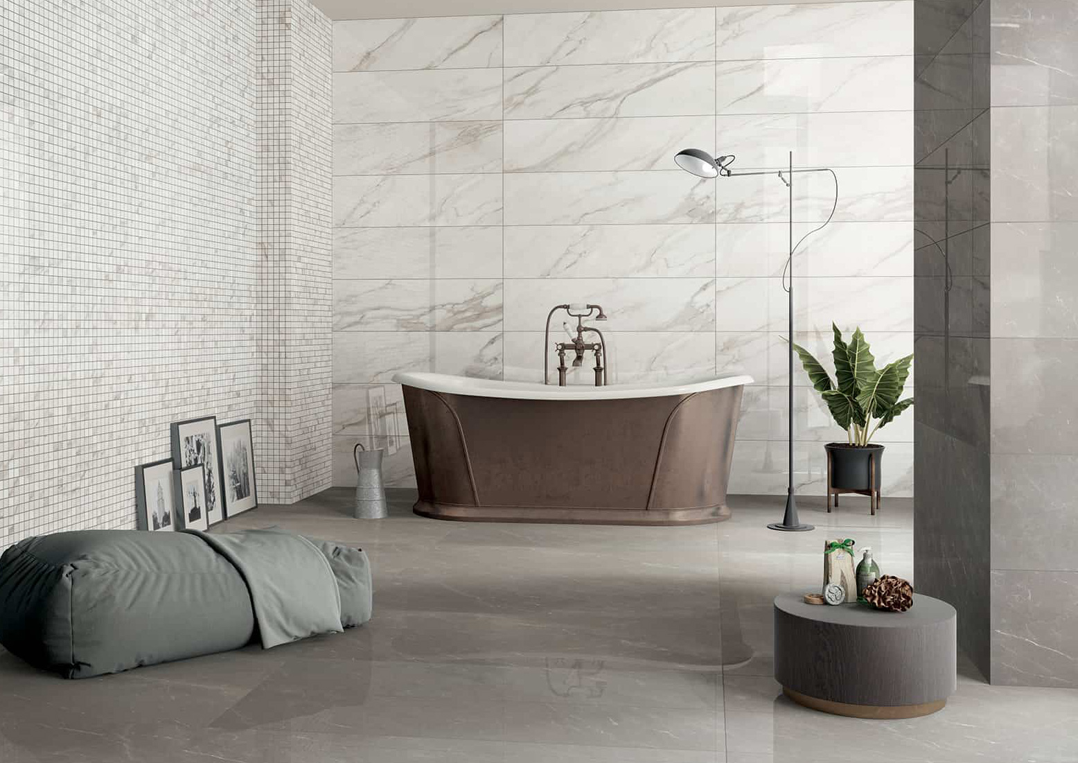 Wall: Avorio Lux 30x120 / Pulpis 30x120 / Mosaico Avorio Lux 30x30 Floor: Pulpis 60x120 Serie Marmo Lab Gres Porcellanato Armonie Piastrelle & Mosaici