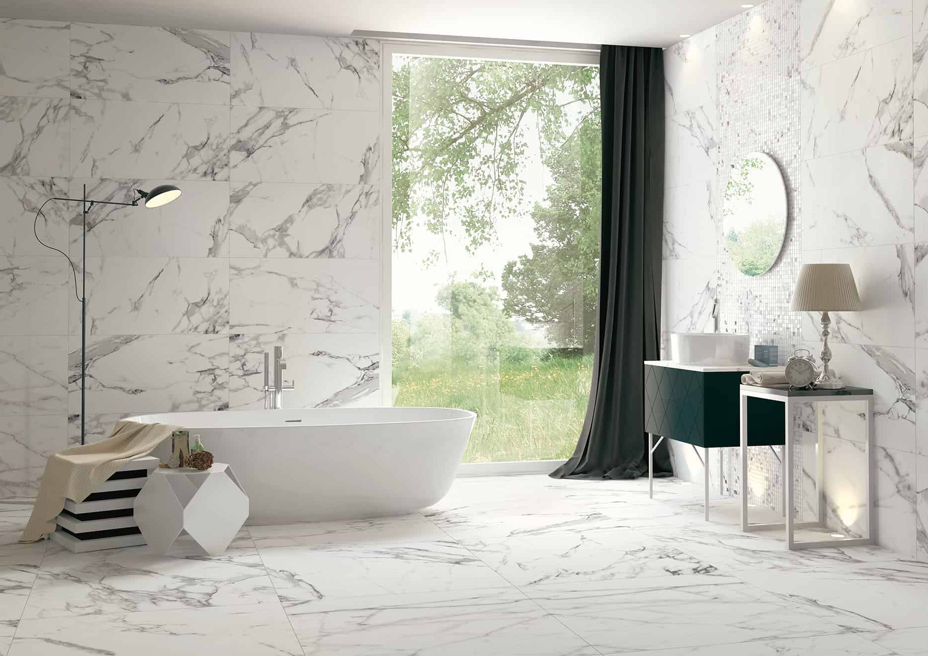 Wall: Statuario 45x90 / Mosaico Statuario Mix 30x30 Floor: Statuario 90x90 Serie Selection Gres Porcellanato Armonie Piastrelle & Mosaici