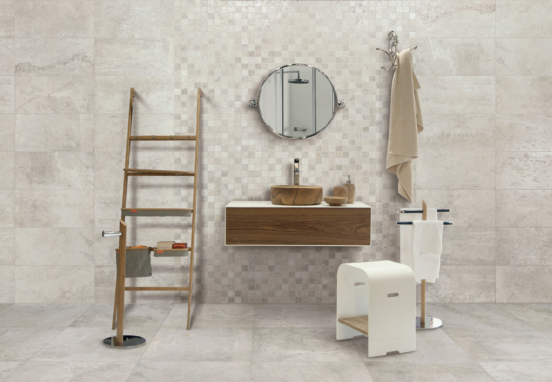 Wall: White 30x60 / Mix Mosaico 30x30 Floor: White 60x60 Serie Marvel Gres Porcellanato Rustico Arpa Ceramiche Piastrelle & Mosaici