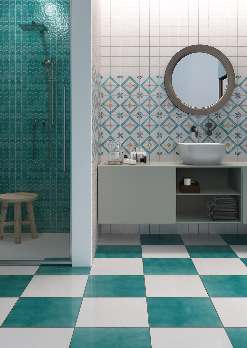 Wall: Ghiaccio 10x10 + Isuledda Menta 20x20 + Mosaico Boveda Menta 27,5x30 Floor: Ghiaccio 40x40 + Menta 40x40 Serie OT07026 Cerasarda Piastrelle & Mosaici