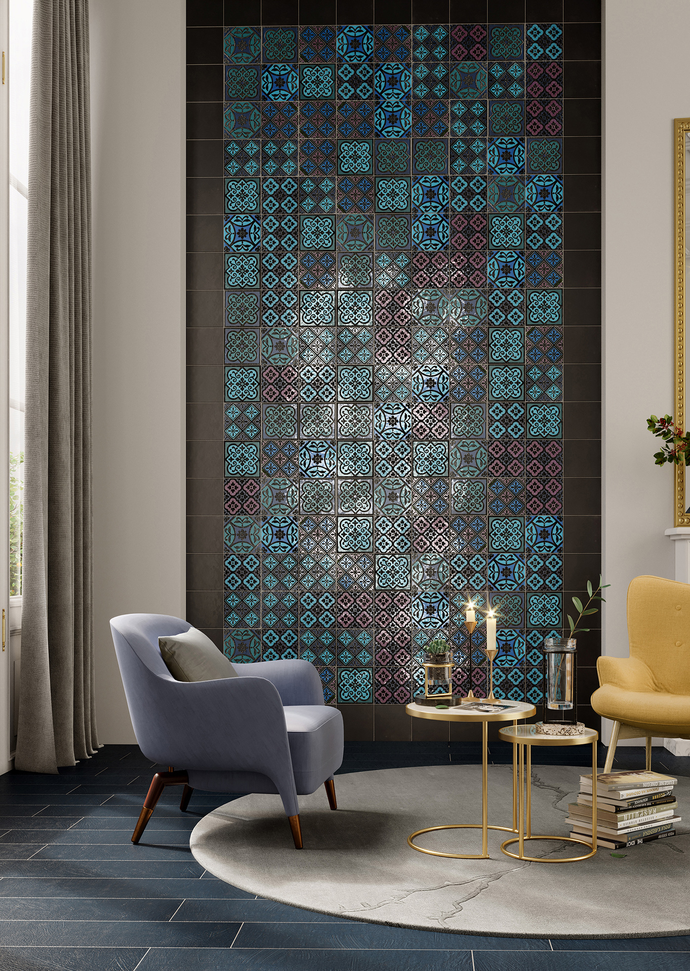 Wall: PITRIZZA > Nero 20x20 +
Gallura Classico S/8 20x20 Floor: Abitare la Terra > Mirtillo 20x80 Serie Pitrizza & Marezzati Cerasarda Piastrelle & Mosaici