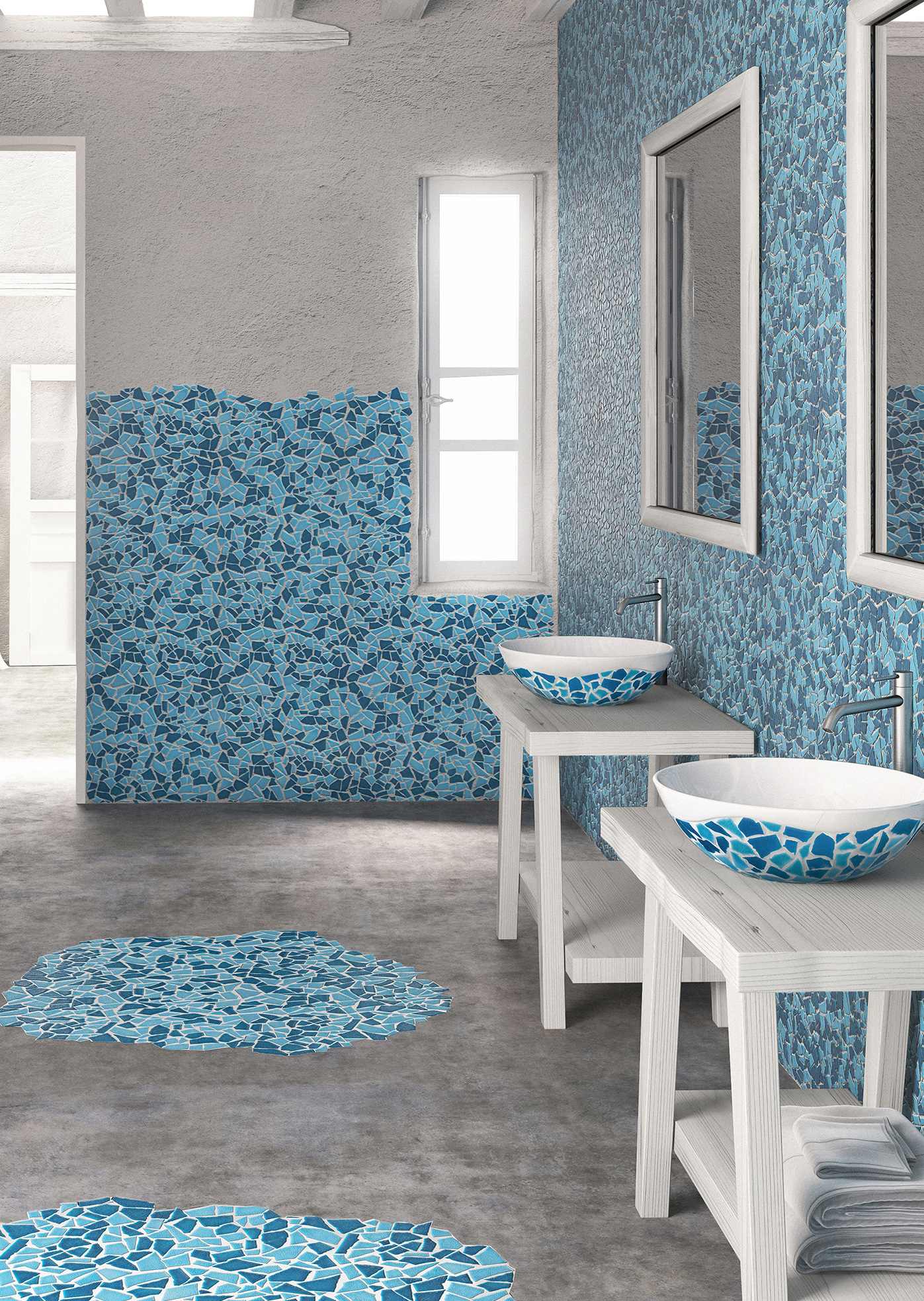 Wall & Floor: PITRIZZA > Mosaico Spaccatella bicolore (Azzurro Mare + Turchese Abbamar) + Lavello Spaccatella rotondo Ø 46,5 x h 15,5 Serie Pitrizza & Marezzati Cerasarda Piastrelle & Mosaici