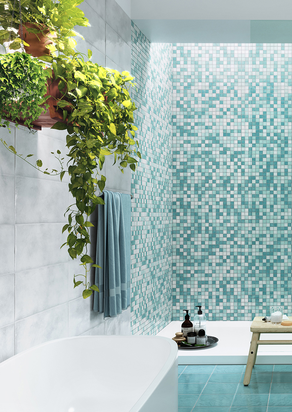 Wall: Mosaico Tessera Mix Verde 3x3 + Perla 20x50,2 Floor: Giada 20x20 Serie Trasparenze Marine Cerasarda Piastrelle & Mosaici