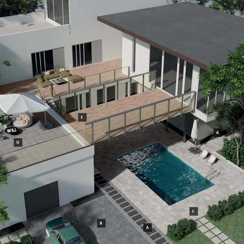 Ultra Mustang 40,5x81 + Ultra Gare Graphite 60x60 + Ultra Contemporary Light Grey 60x60 + Ultra Vals Light 60x60 + Ultra Essenze Cannella 40,5x81 Gres porcellanato impasto colorato Rettificato R11 Outdoor Spaces Serie Outdoor Dado Ceramica Piastrelle & Mosaici