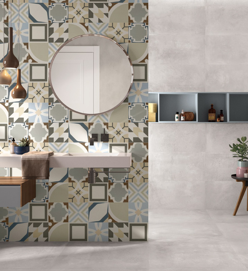 Wall: BeDecor Concrete Mix Nat. Rett. 20x20 + Concrete Nat. Rett. 40x80 Floor: Concrete Nat. Rett. 80x80 Be Square Serie Emilceramica Piastrelle & Mosaici