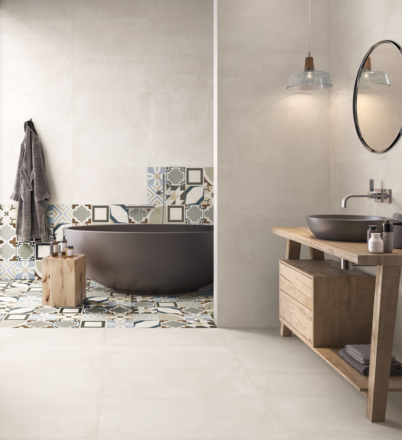 Ivory Nat. Rett. 40x80 + BeDecor Concrete Mix Nat. Rett. 20x20 Be Square Serie Emilceramica Piastrelle & Mosaici