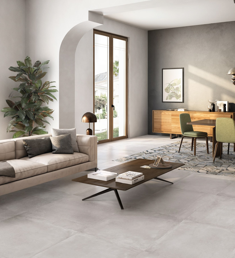 Floor: BeDecor Concrete Mix Nat. Rett. 20x20 + Concrete Nat. Rett. 80x80 Be Square Serie Emilceramica Piastrelle & Mosaici