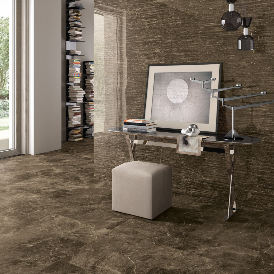 Floor: Frappuccino Pollock 30x60 Wall: Frappuccino Pollock Doghe 120x240 Superfice Lappato Lucido o Naturale Gres Porcellanato Rettificato Tele di Marmo Serie Emilceramica Piastrelle & Mosaici