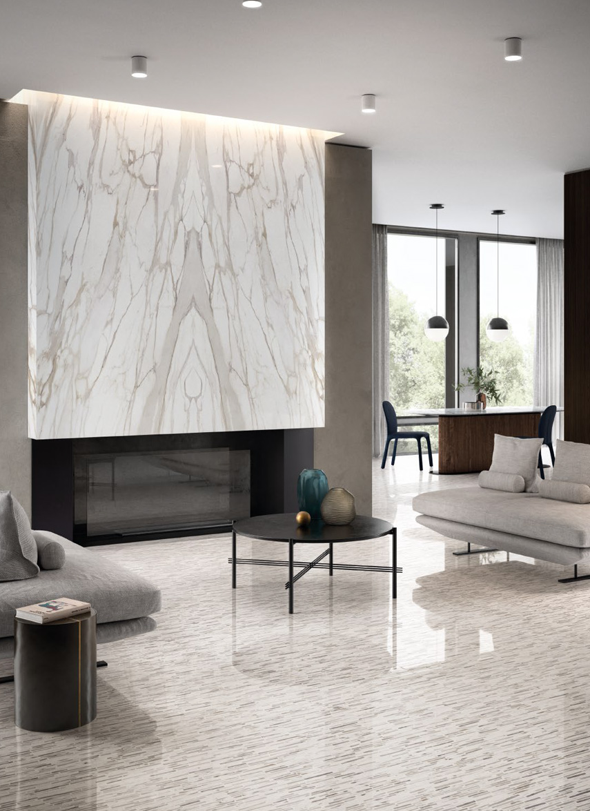 Wall: Calacatta Gold Canova Book Match 120x240 Floor: Calacatta Gold C. Battuto di Listelli 120x240 Superfice Lappato Lucido o Naturale Gres Porcellanato Rettificato Tele di Marmo Reloaded Serie Emilceramica Piastrelle & Mosaici