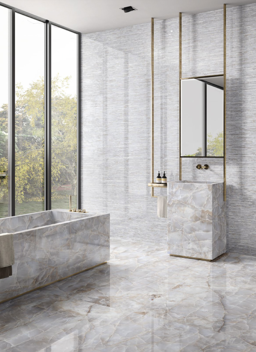 Wall: Doghe Onice Klimt 120x240 Floor: Onice Klimt 120x240 Superfice Lappato Lucido o Naturale Gres Porcellanato Rettificato Tele di Marmo Reloaded Serie Emilceramica Piastrelle & Mosaici