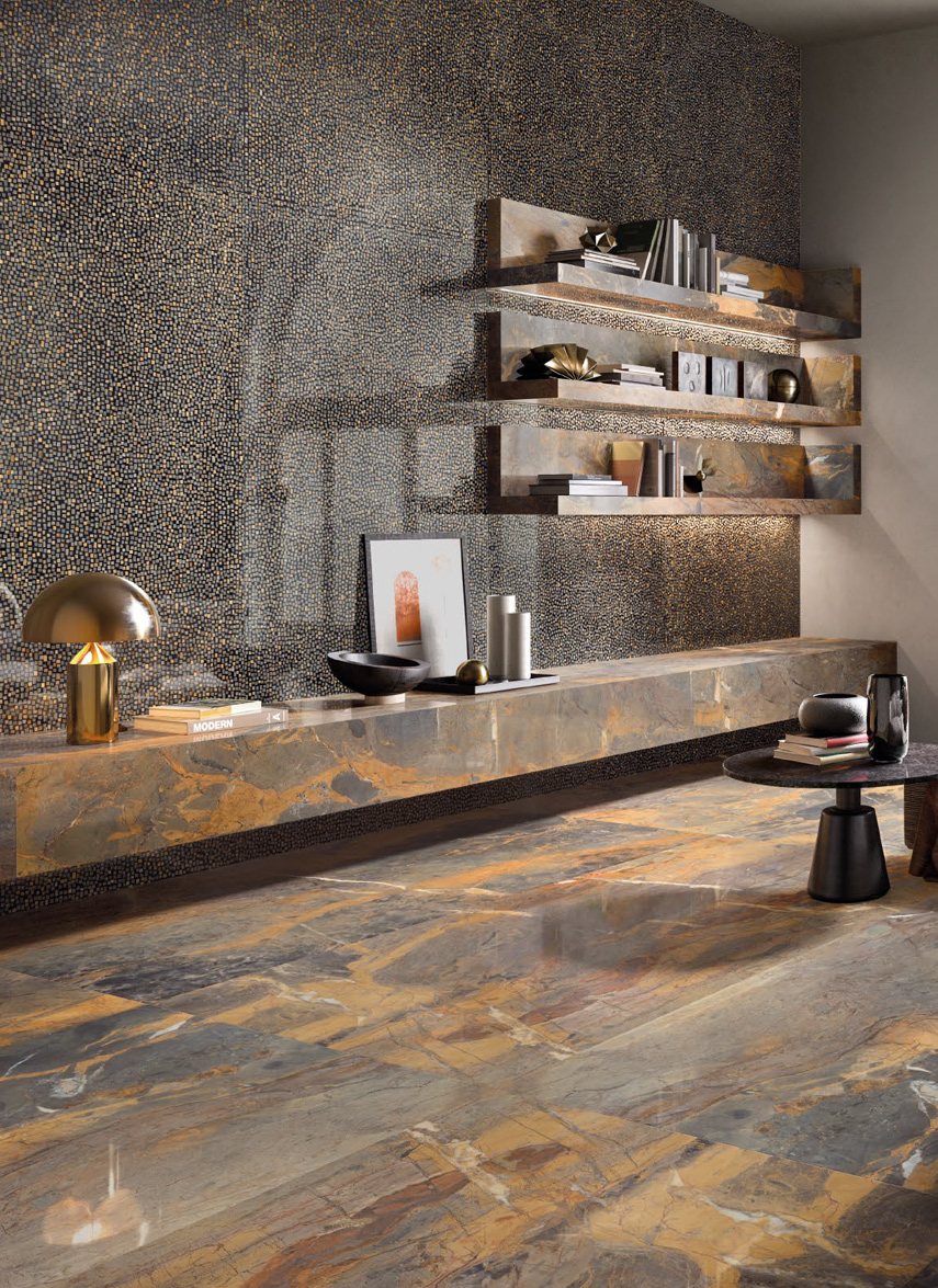 Wall: Fossil Brown Malevic Seminato di Tessere 120x240 Floor: Fossil Brown Malevic 120x240 Superfice Lappato Lucido o Naturale Gres Porcellanato Rettificato Tele di Marmo Reloaded Serie Emilceramica Piastrelle & Mosaici