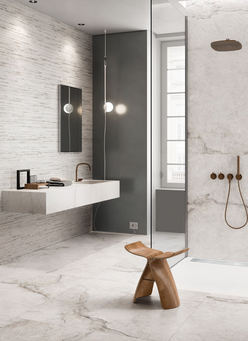 Wall/Washbasin: Quarzo Kandinsky 120x240 Wall: Doghe Quarzo Kandinsky 120x240 Floor: Quarzo Kandinsky 120x120 Superfice Lappato Lucido o Naturale Gres Porcellanato Rettificato Tele di Marmo Reloaded Serie Emilceramica Piastrelle & Mosaici