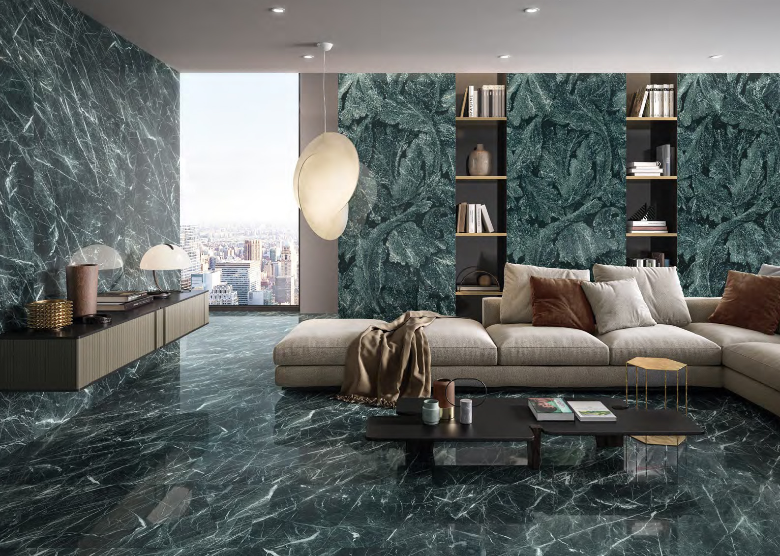 Wall: Verde Saint Denis Full 60x120 + Acanto Verde Saint Denis Full 120x278 Floor: Verde Saint Denis Full 60x120 Superfice Lappato Lucido o Naturale Gres Porcellanato Rettificato Tele di Marmo Revolution Serie Emilceramica Piastrelle & Mosaici