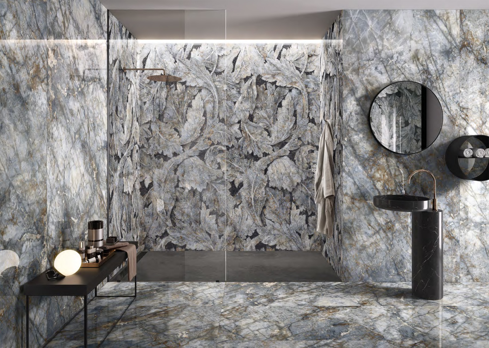 Wall: Patagonia Full 60x120 + Acanto Patagonia Full 120x278 Floor: Patagonia Full 120x278 Superfice Lappato Lucido o Naturale Gres Porcellanato Rettificato Tele di Marmo Revolution Serie Emilceramica Piastrelle & Mosaici