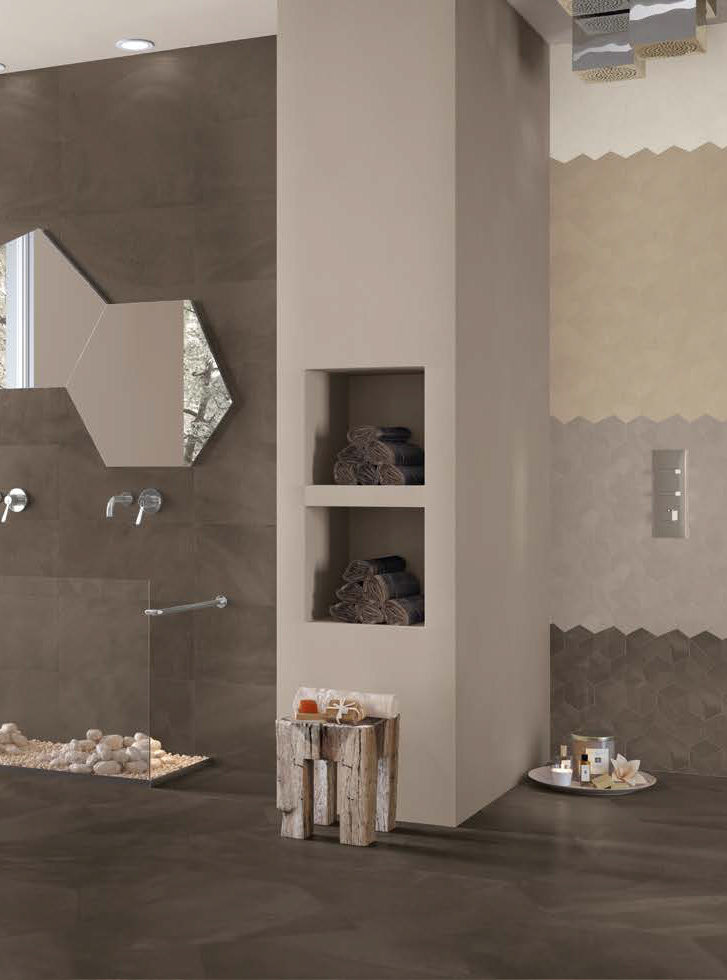 Miami Brown Nat. Rett. 30x60 + Design Maxi Miami Brown Nat. Rett. 136x101 + Design Mini Brown/Taupe/Sand/Ivory Nat. Rett. 22,6x17 Architect Resin Serie Effetto Cemento Ergon Piastrelle & Mosaici