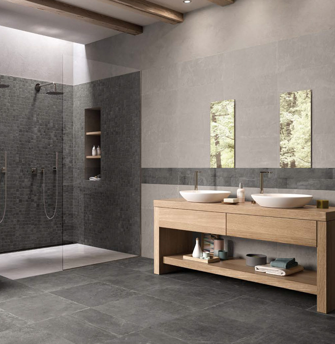 Mistique Black Nat. Rett. 60x60 + Mosaico Penta Mistique Black Nat. 33x28,7 + Mosaico Steps Mistique Black Nat. 19x59 + Bright Grey Nat. Rett. 30x60 Groove Serie Effetto Pietra Provenza Piastrelle & Mosaici