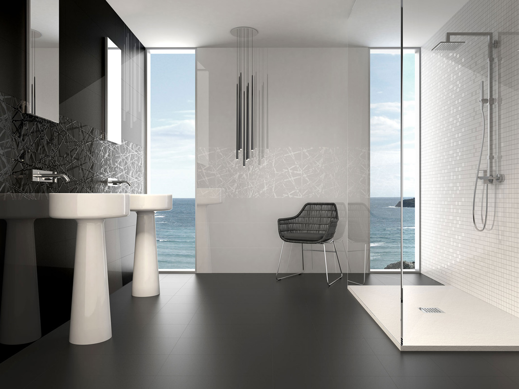 White Matt 29x100 Rett. + Black Matt 29x100 Rett. + Decor Studio White 29x100 Rett. + Decor Studio Black 29x100 Rett. + Mosaico Cult White 31,6x31,6 Rivestimento Pasta Bianca B&W Serie Effetto Colorato Ibero Porcelánico Piastrelle & Mosaici