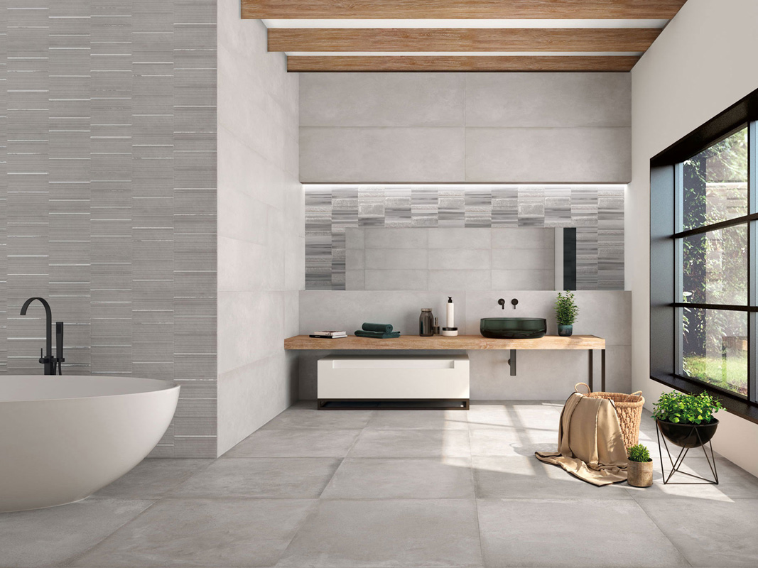 Grey 40x120 Rett. + Pattern Grey 40x120 Rett. + Decor Moonlight Grey 40x120 Rett. Rivestimento Pasta Bianca Cromat One Serie Effetto Colorato Ibero Porcelánico Piastrelle & Mosaici